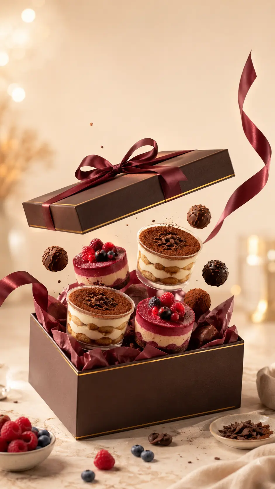 SÖTSKATT dessertbox med tiramisu, bärbakelser och chokladtryfflar